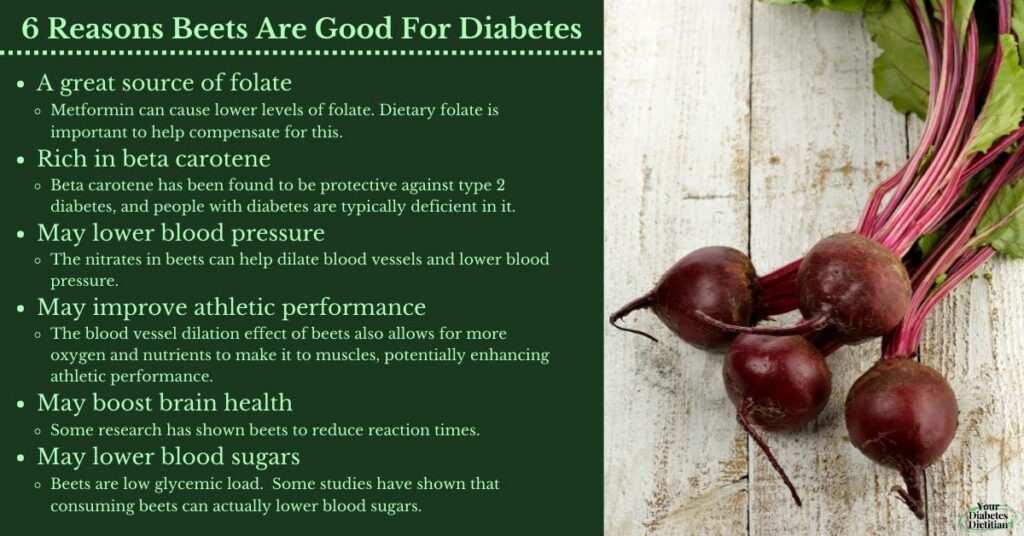 An infographic listing 6 benefits of adding beets to a person with diabetes diet.
