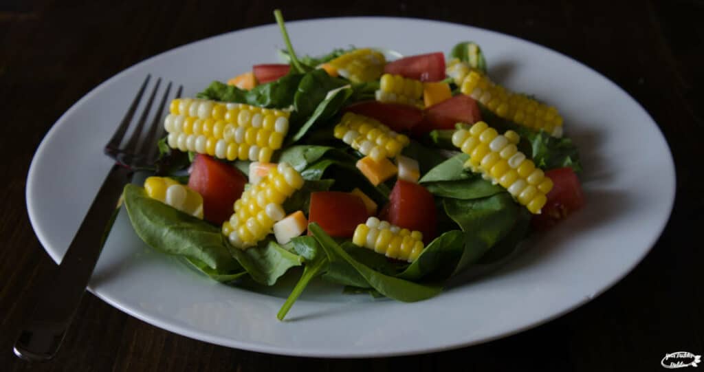 A view of a salad with corn, cheese, tomatoes, avocado and spinash.