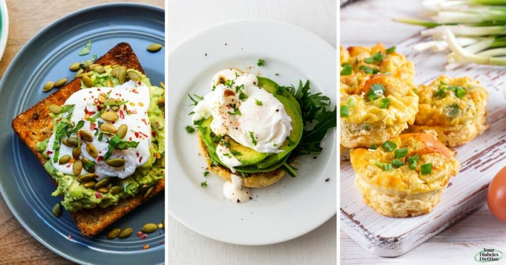 A collection of photos of egg based breakfast dishes. These include avocado toast with egg, english muffin with egg and avocado, and egg bites.