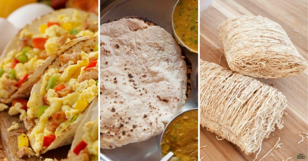 Three grain and legume based dishes on the list of gestational diabetes friendly breakfasts. These are egg tacos, roti and dahl, and shredded wheat
