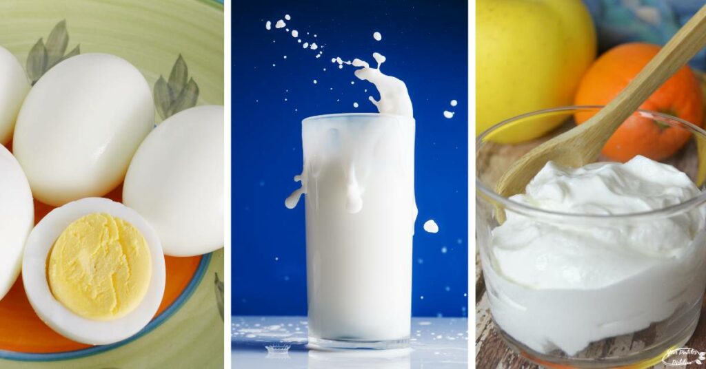A composite image of hardboiled eggs, high protein milk, and skyr