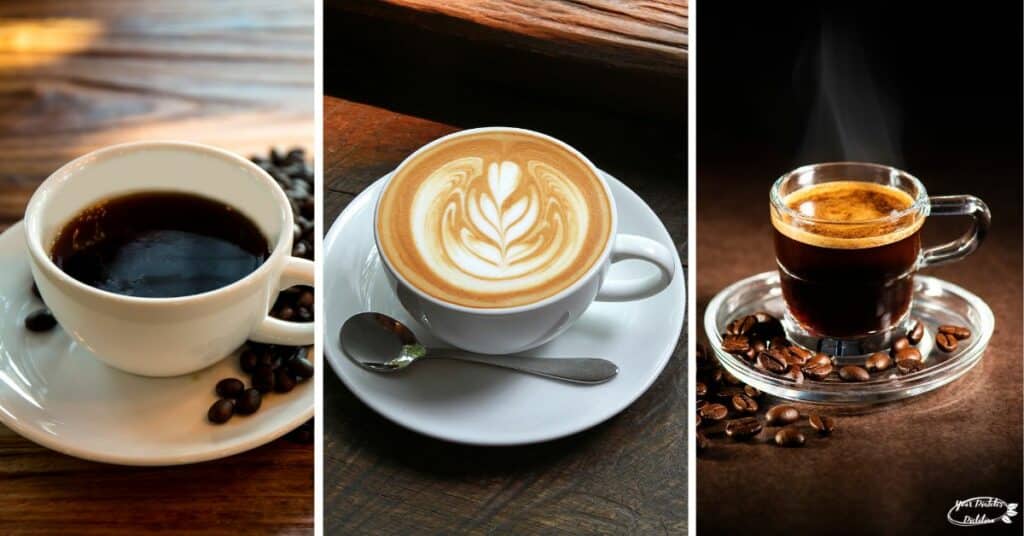 Three ways to enjoy coffee. As filter coffee, a latte, or a shot of espresso.