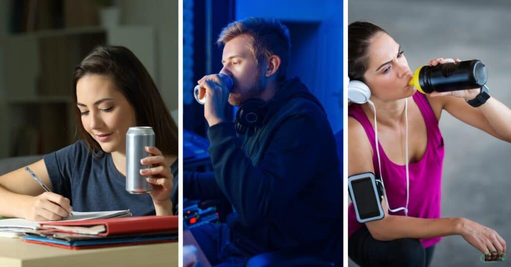 A person drinking a sports drink while studying, another while using the computer, and one last person while exercising