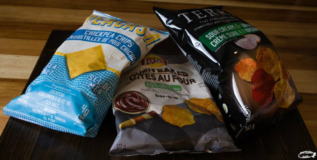Three bags of chips illustrating some of the chip options that would be considered diabetes-friendly.